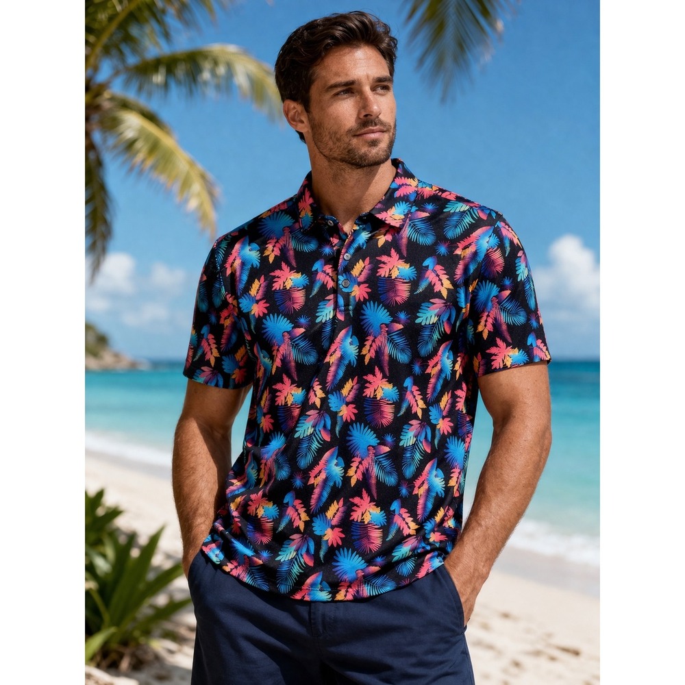 Performance‎ Polo Shirt Mens Large Tropical Palm Leaf Print Stretch Golf Black L